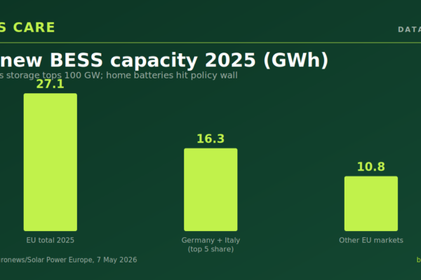 Europe’s storage tops 100 GW; home batteries hit policy wall